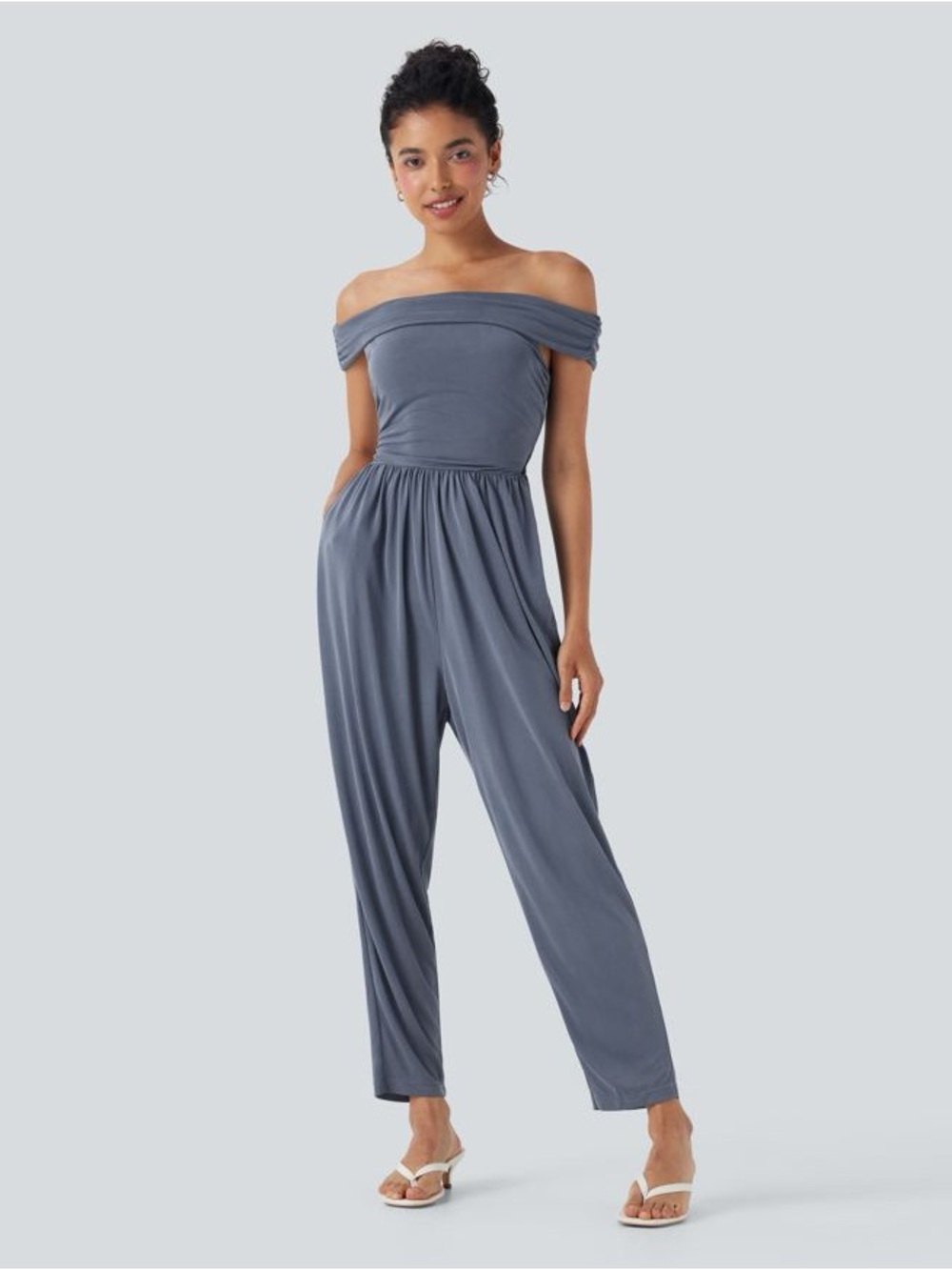 Halara Off Shoulder Back Zipper Casual Jumpsuit with Pockets-Easy Peezy - Medium